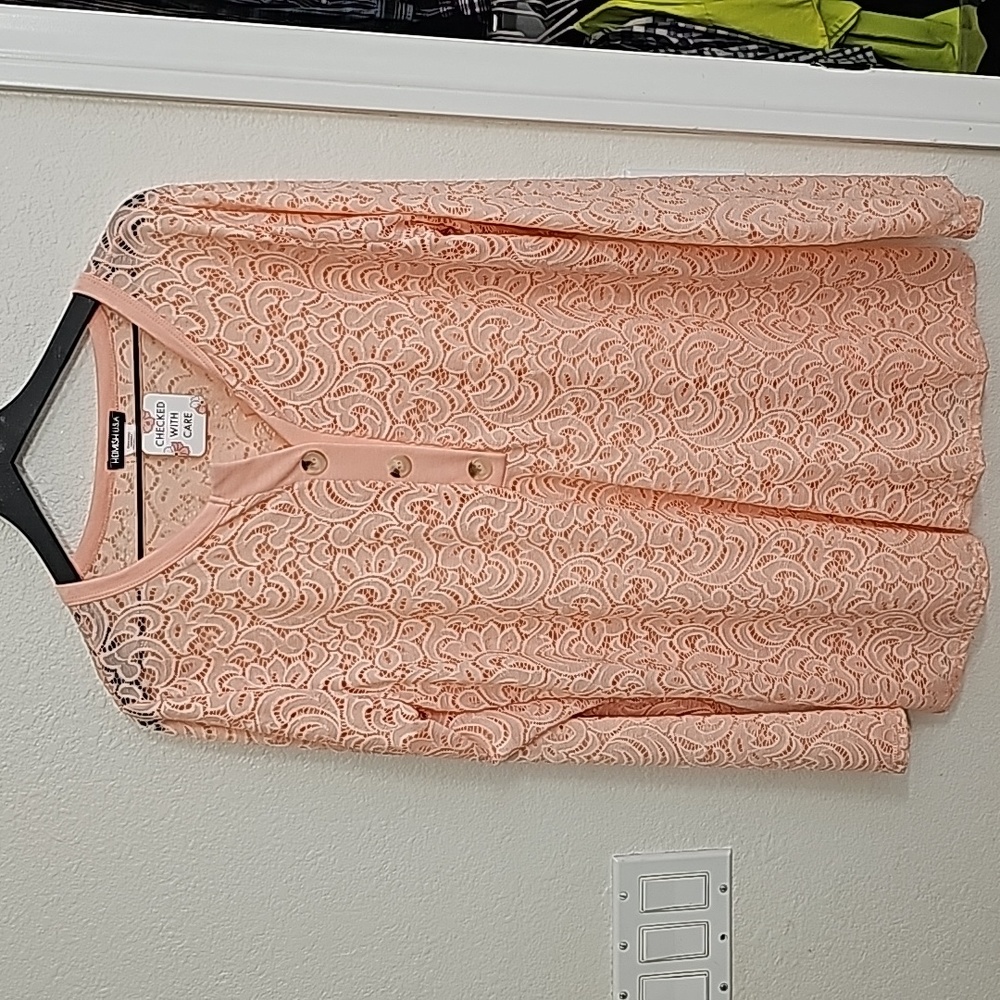Hemish Peachy Pink 2X Lace Long Sleeve Blouse
